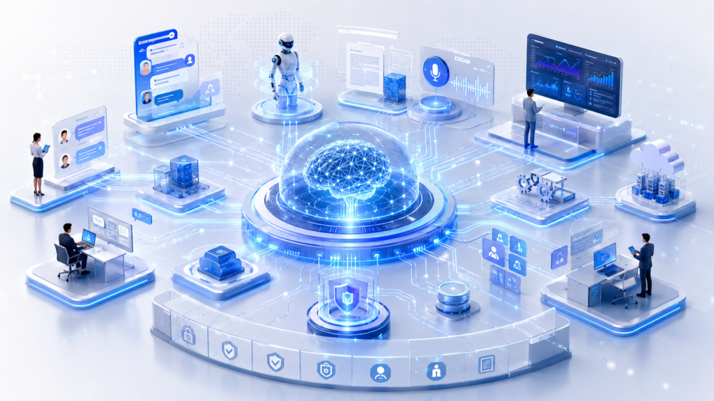 Enterprise AI platform connecting conversational AI, RAG, autonomous agents and business systems