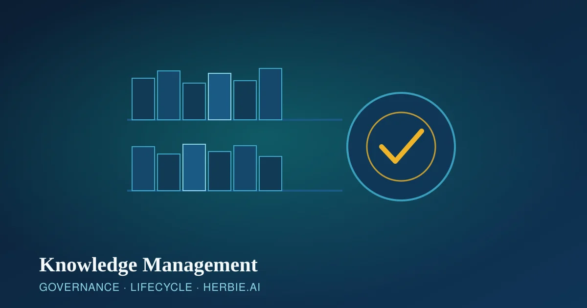 Illustration of enterprise knowledge management showing organized document shelves and a governance approval checkmark